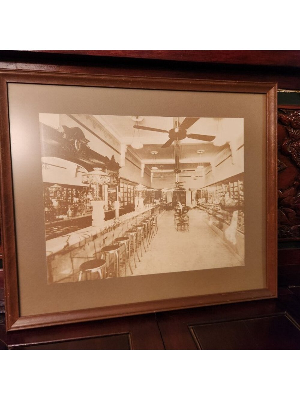 Antique Framed Sepia-Tone Print of Vintage Pharmacy Soda Fountain Scene 19x16